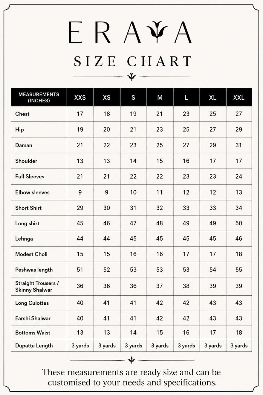 Eraya size chart in inches for the Seréne collection, sizes XXS to XXL