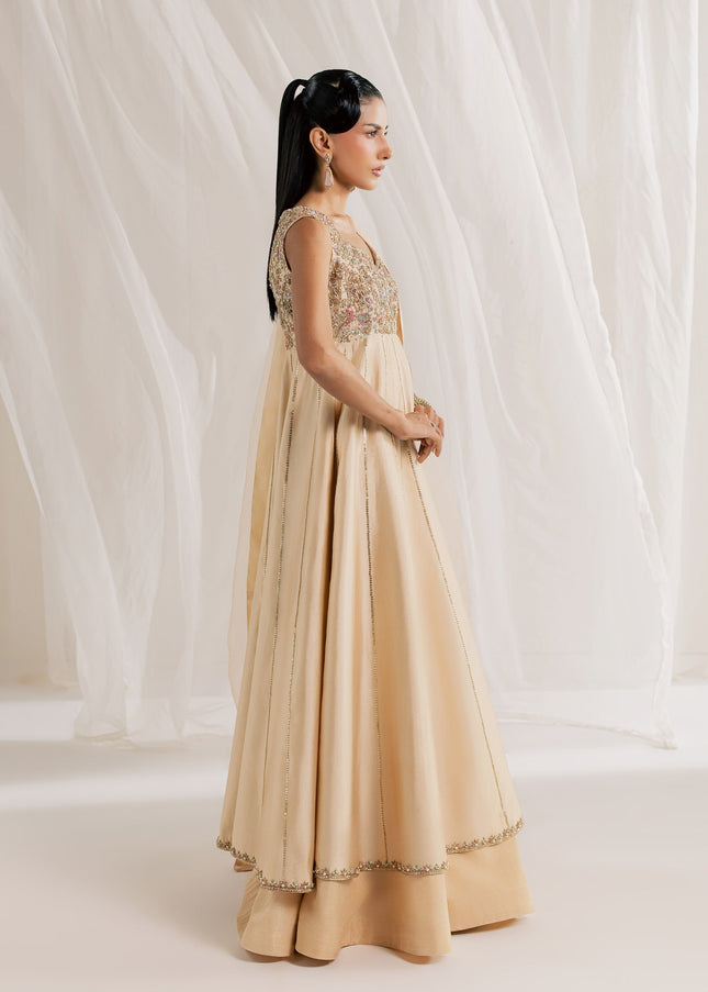 Side view of Eraya Serene Aurora champagne peshwas with flared lehnga and organza dupatta