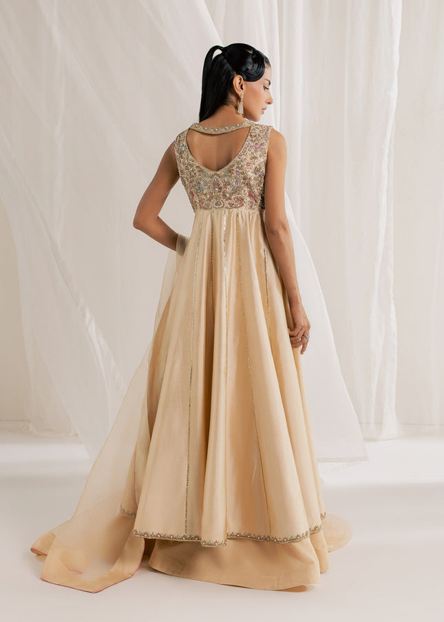 Back view of Eraya Serene Aurora champagne peshwas lehnga showing embellished yoke and dupatta