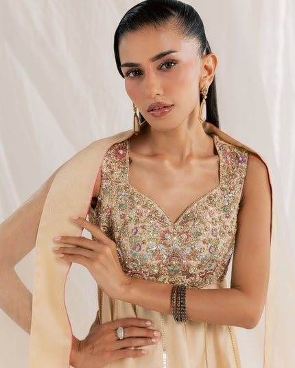 Close view of Eraya Serene Aurora embellished sweetheart bodice with pastel floral threadwork