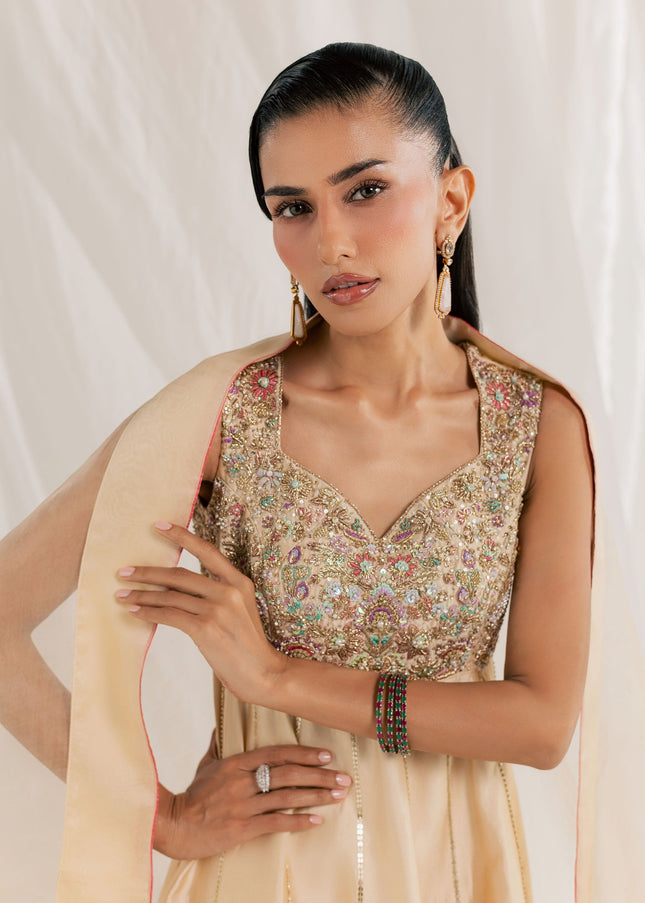 Close view of Eraya Serene Aurora embellished sweetheart bodice with pastel floral threadwork