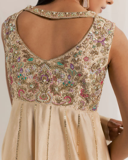 Detail of the hand-embellished back yoke on the Eraya Serene Aurora champagne peshwas