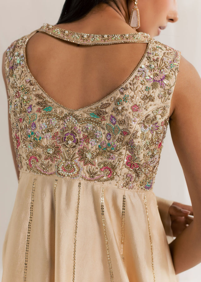 Detail of the hand-embellished back yoke on the Eraya Serene Aurora champagne peshwas