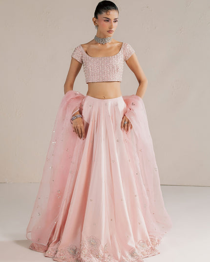 Model wearing Eraya Serene Blossom blush pink embellished lehnga choli with organza dupatta