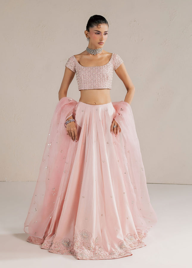 Model wearing Eraya Serene Blossom blush pink embellished lehnga choli with organza dupatta