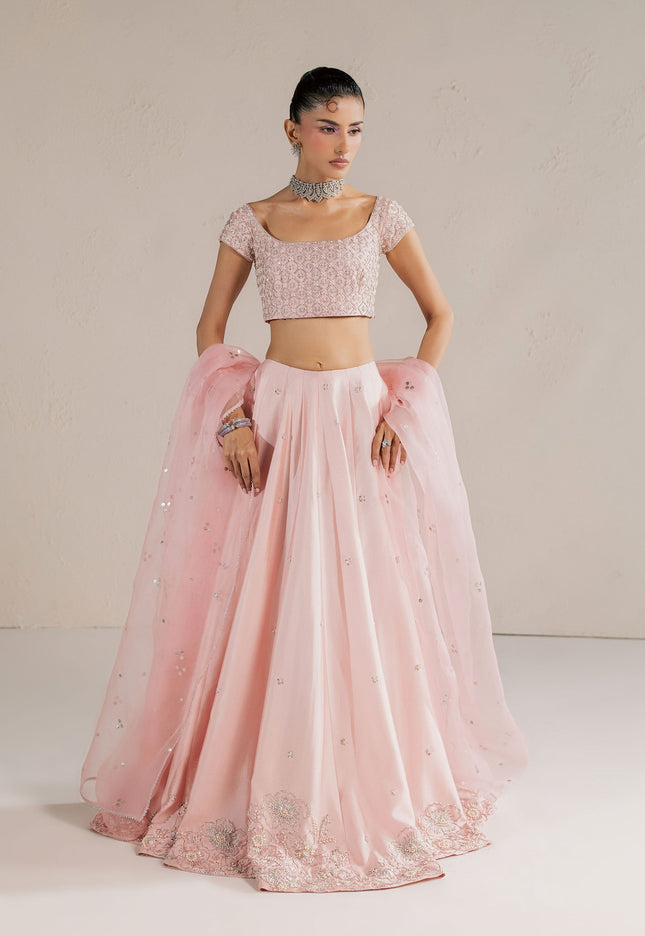 Model wearing Eraya Serene Blossom blush pink embellished lehnga choli with organza dupatta