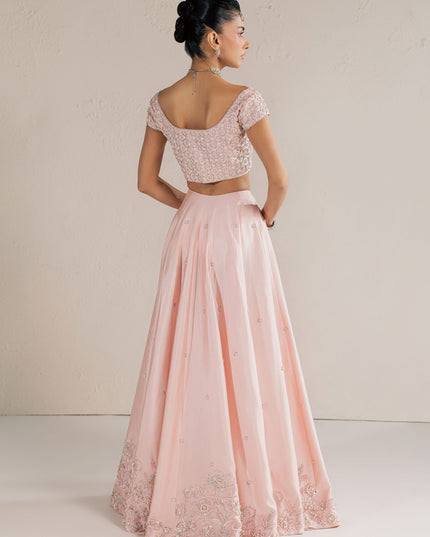 Back view of Eraya Serene Blossom blush pink choli and flared lehnga