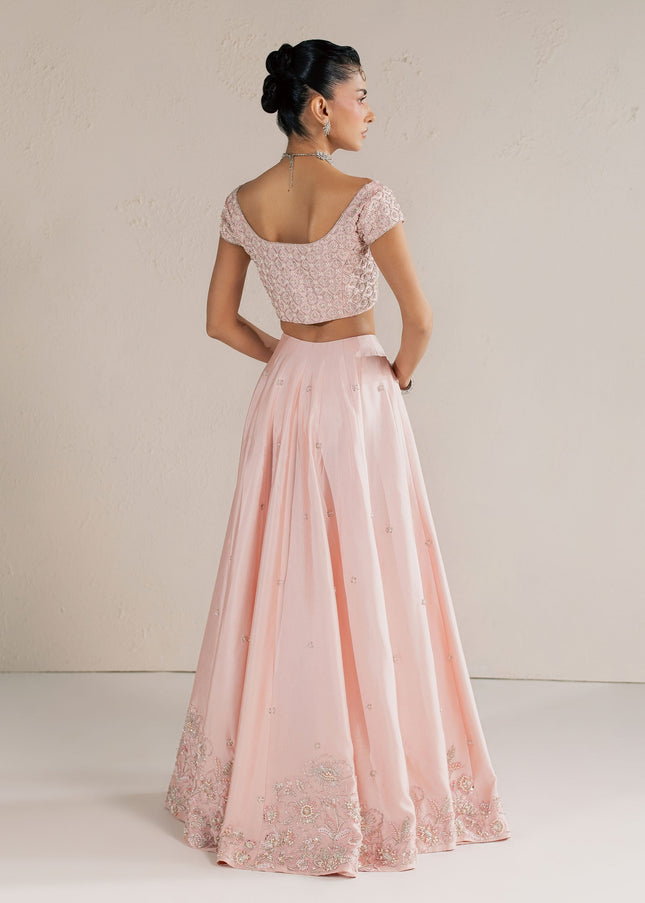 Back view of Eraya Serene Blossom blush pink choli and flared lehnga