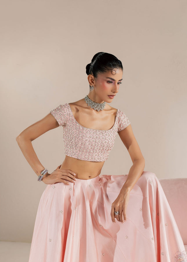 Eraya Serene Blossom blush pink lehnga choli with embellished choli and all-over sprayed lehnga