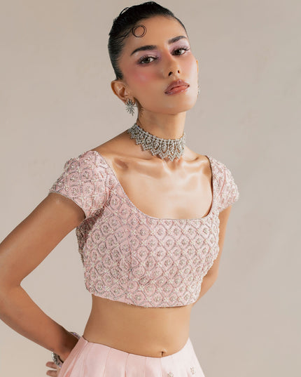 Close view of the Eraya Serene Blossom blush pink embellished choli with pearls and sequins