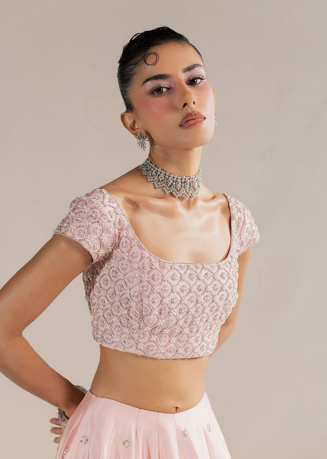 Close view of the Eraya Serene Blossom blush pink embellished choli with pearls and sequins