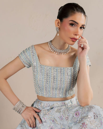 Close view of the Eraya Serene Camellia ice blue choli with pearl, sequin and crystal embellishment