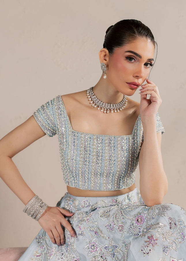 Close view of the Eraya Serene Camellia ice blue choli with pearl, sequin and crystal embellishment