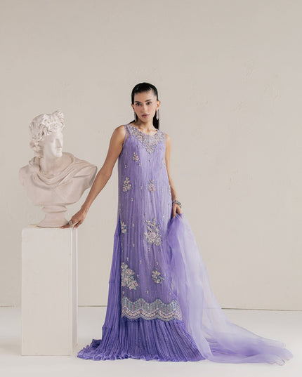 Model wearing Eraya Serene Dahlia lilac organza shirt over crushed silk gown with organza dupatta