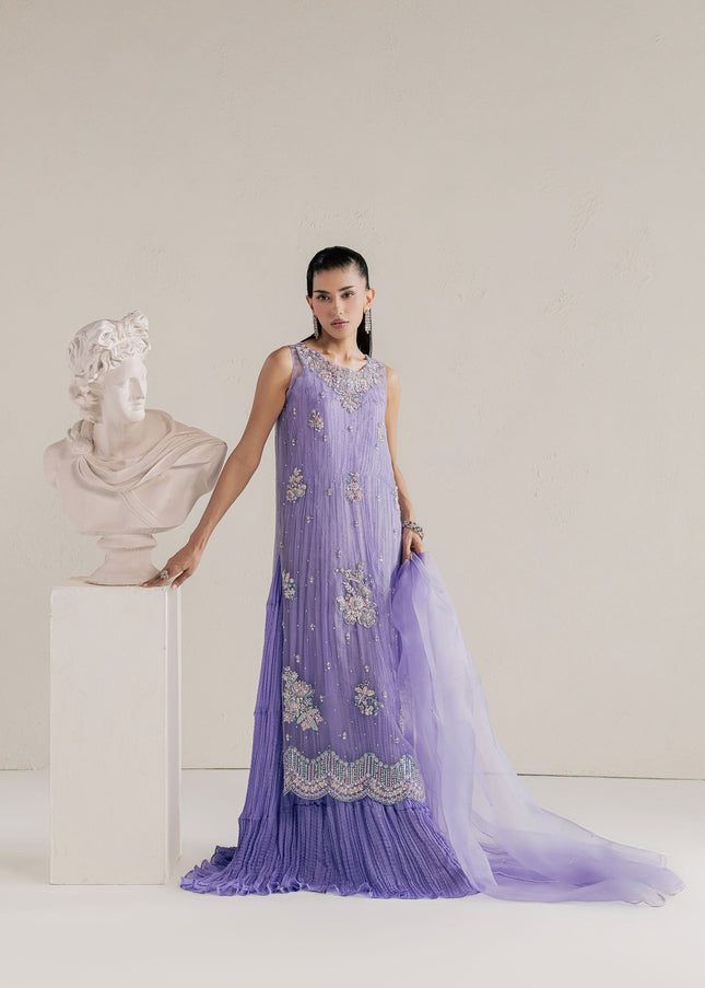 Model wearing Eraya Serene Dahlia lilac organza shirt over crushed silk gown with organza dupatta