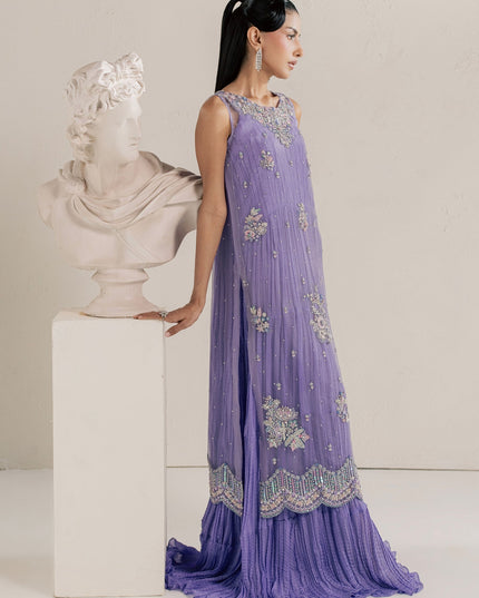 Side view of Eraya Serene Dahlia lilac organza outfit showing scalloped embellished dupatta edging