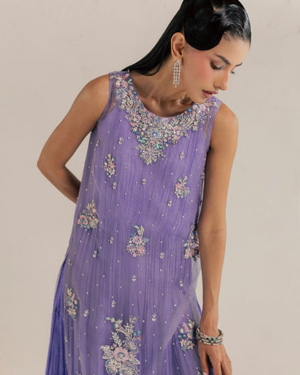 Eraya Serene Dahlia lilac organza shirt with floral motifs and all-over pearl spray, front view