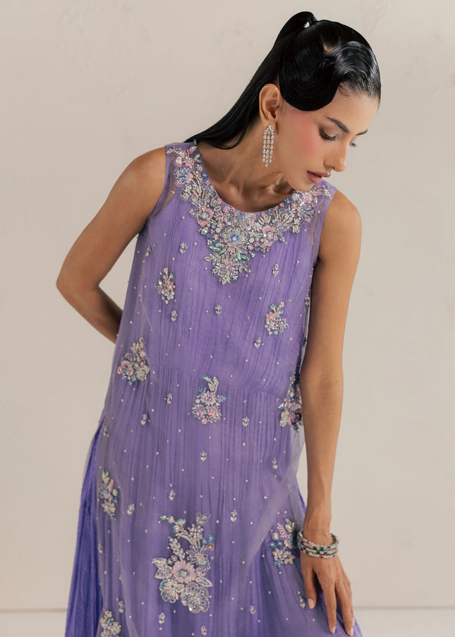 Eraya Serene Dahlia lilac organza shirt with floral motifs and all-over pearl spray, front view