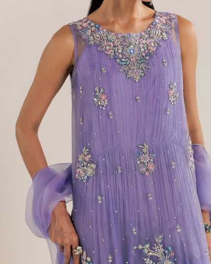 Close view of Eraya Serene Dahlia lilac shirt with embellished neckline and sheer organza dupatta