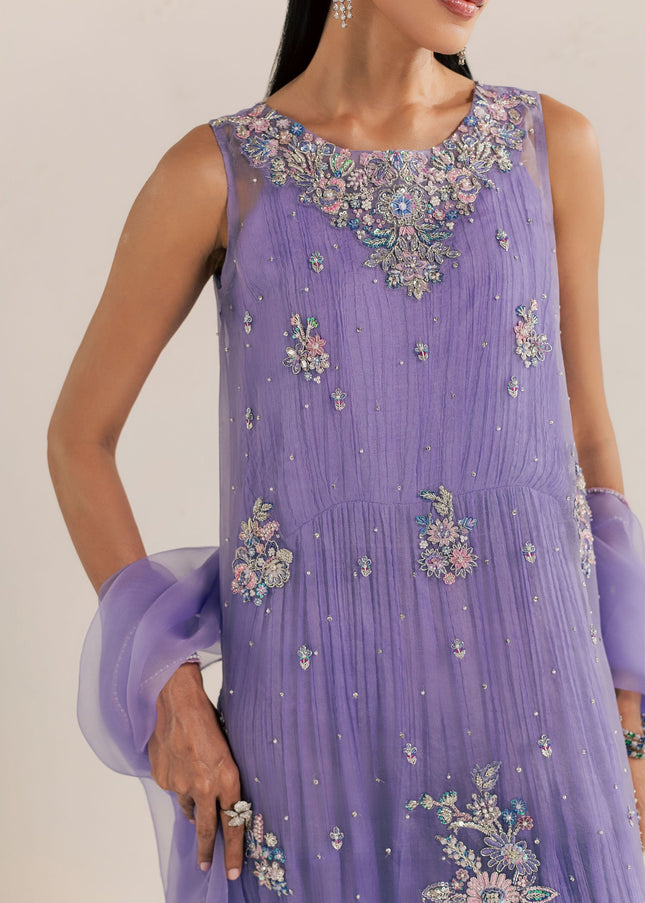 Close view of Eraya Serene Dahlia lilac shirt with embellished neckline and sheer organza dupatta