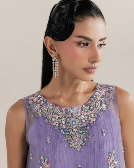 Detail of the embellished neckline on the Eraya Serene Dahlia lilac organza shirt