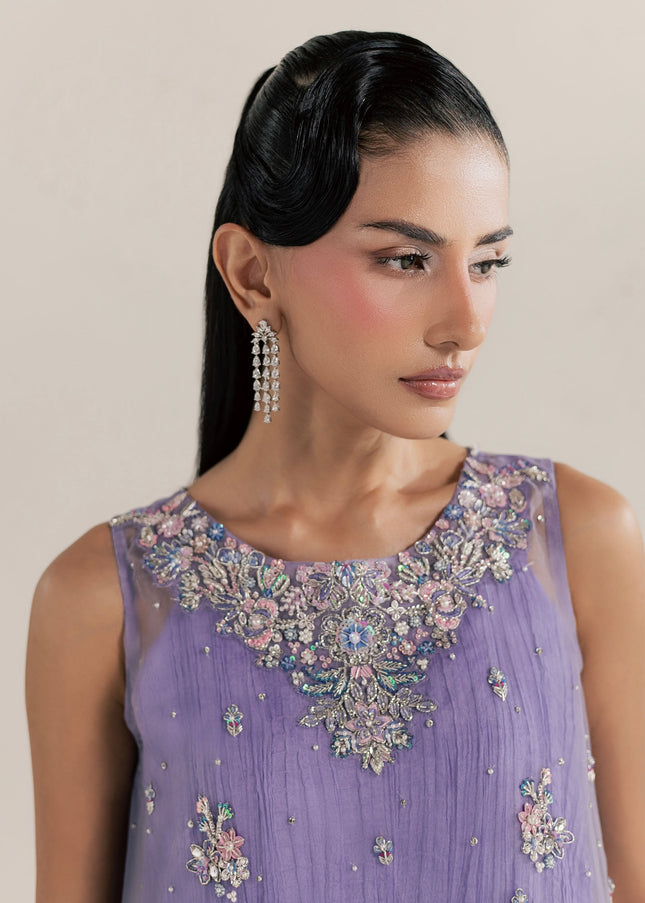 Detail of the embellished neckline on the Eraya Serene Dahlia lilac organza shirt