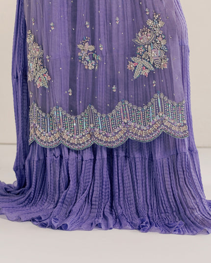 Scalloped embellished border detail on the Eraya Serene Dahlia lilac organza dupatta and gown