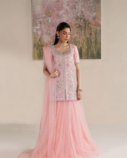 Eraya Serene Flora blush pink hand-embellished shirt paired with a pearl-sprayed net lehnga