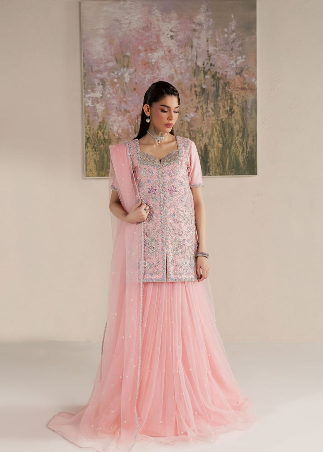 Eraya Serene Flora blush pink hand-embellished shirt paired with a pearl-sprayed net lehnga