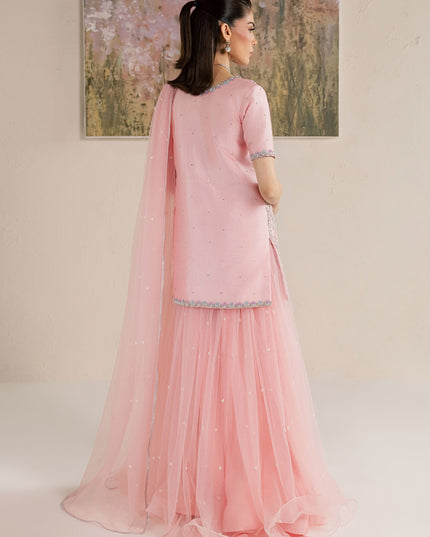 Back view of Eraya Serene Flora pink embellished shirt with full net lehnga and draped dupatta