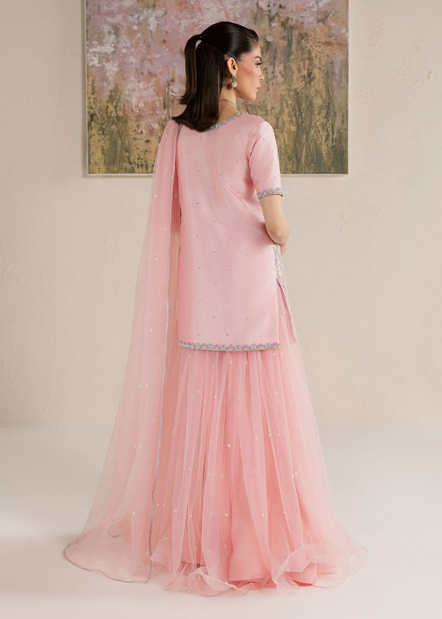 Back view of Eraya Serene Flora pink embellished shirt with full net lehnga and draped dupatta