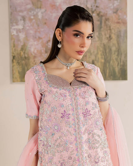 Detail of hand embellishment on the Eraya Serene Flora pink shirt with kora dabka and resham work