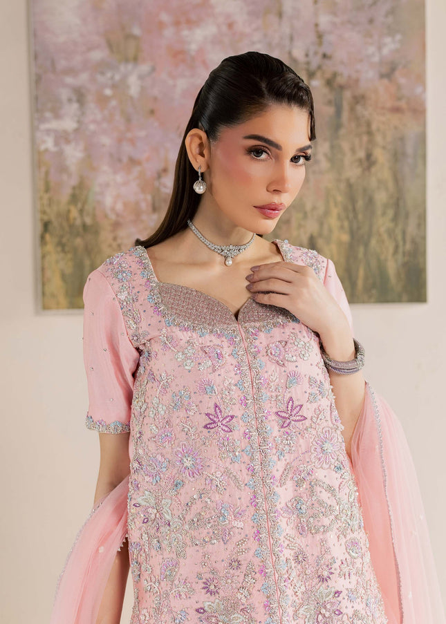 Detail of hand embellishment on the Eraya Serene Flora pink shirt with kora dabka and resham work