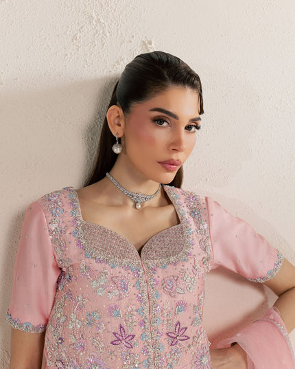 Eraya Serene Flora pink shirt neckline detail showing crystals, pearls and sequin work