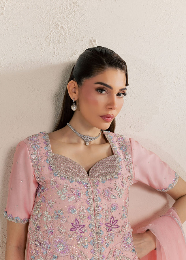 Eraya Serene Flora pink shirt neckline detail showing crystals, pearls and sequin work
