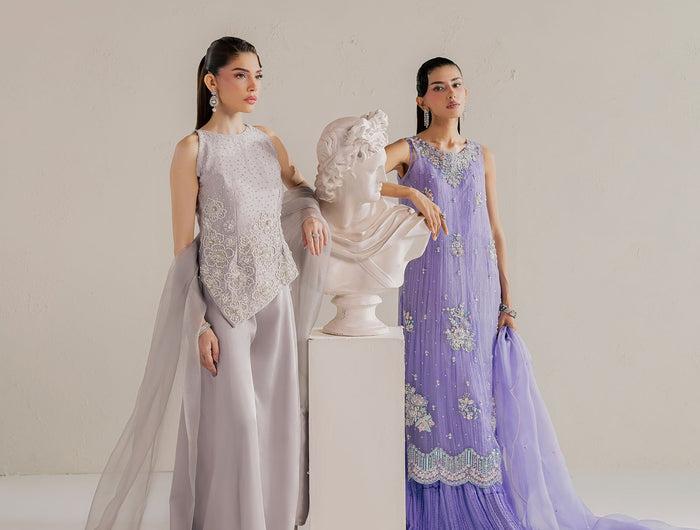 Eraya Seréne grey peplum with flared pants and lilac embellished gown with organza train, full length