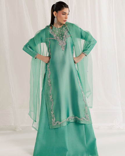 Model wearing Eraya Serene Meadow mint green embellished shirt with flared pants and organza dupatta