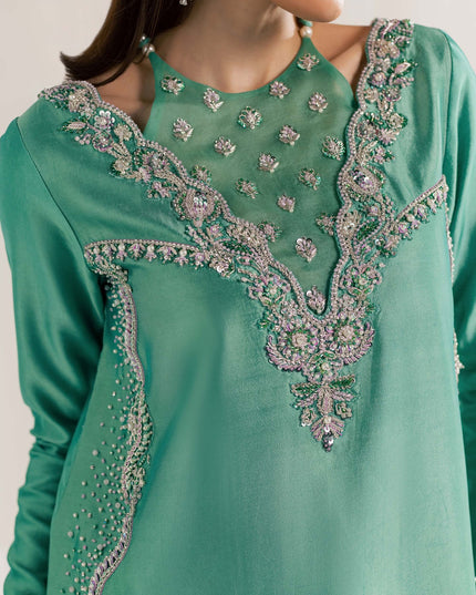 Close-up of the embellished V neckline on the Eraya Serene Meadow mint green shirt
