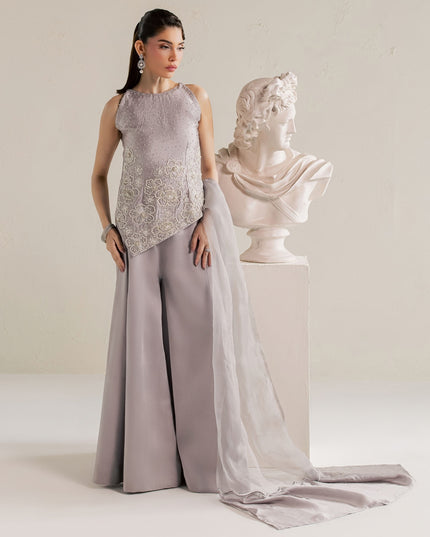 Model wearing Eraya Serene Moonstone grey lilac halter top with flared silk pants and dupatta