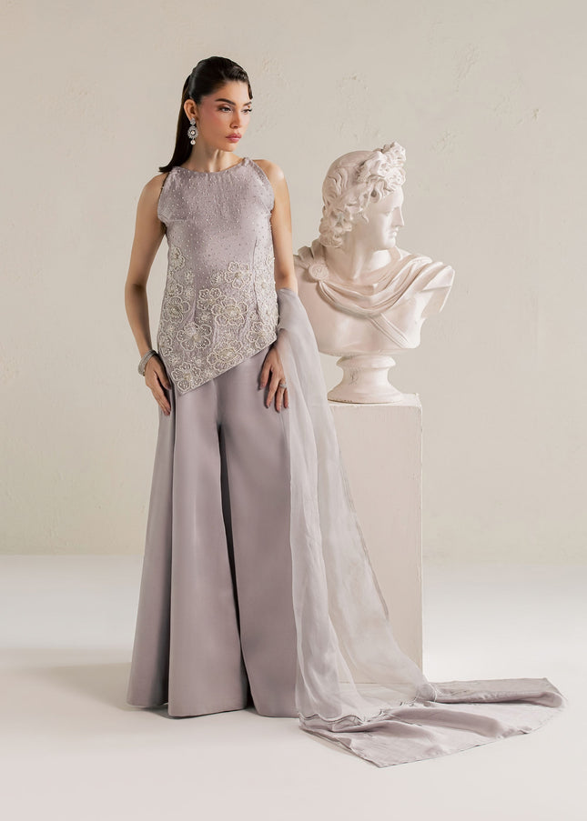 Model wearing Eraya Serene Moonstone grey lilac halter top with flared silk pants and dupatta