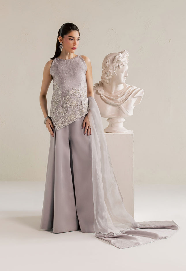 Model wearing Eraya Serene Moonstone grey lilac halter top with flared silk pants and dupatta