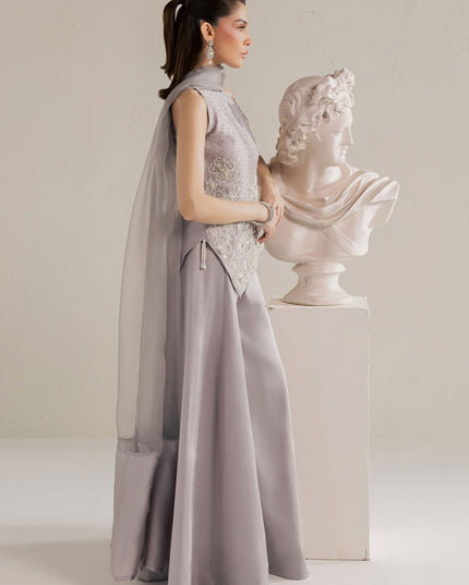 Side view of Eraya Serene Moonstone grey lilac outfit with embellished asymmetric hem and pants