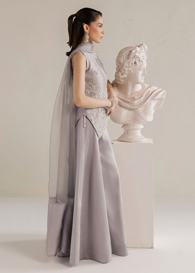 Side view of Eraya Serene Moonstone grey lilac outfit with embellished asymmetric hem and pants