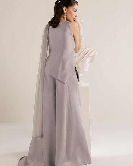 Back view of Eraya Serene Moonstone grey lilac halter top with flowing organza dupatta