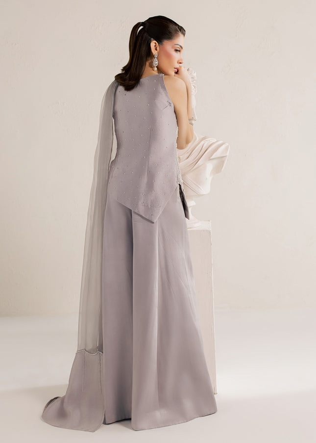 Back view of Eraya Serene Moonstone grey lilac halter top with flowing organza dupatta