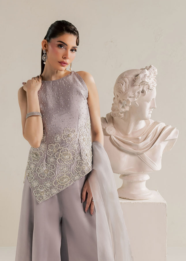 Eraya Serene Moonstone grey lilac top showing embellished floral motifs and halter neckline