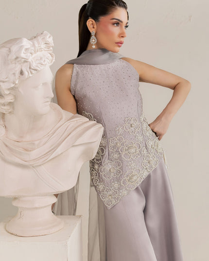 Eraya Serene Moonstone grey lilac ensemble from the side with dupatta draped over the shoulder