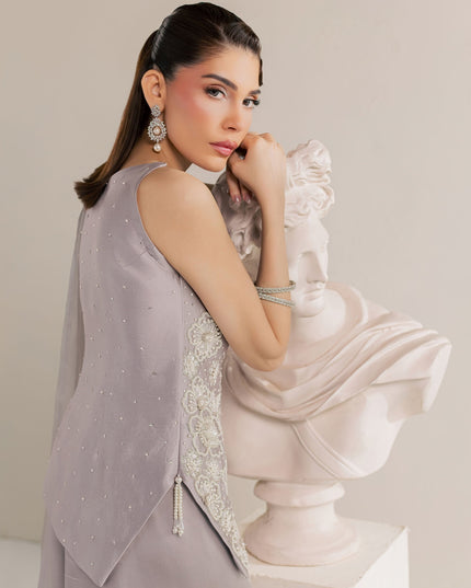 Close view of Eraya Serene Moonstone halter neckline with pearl, sequin and crystal embellishment