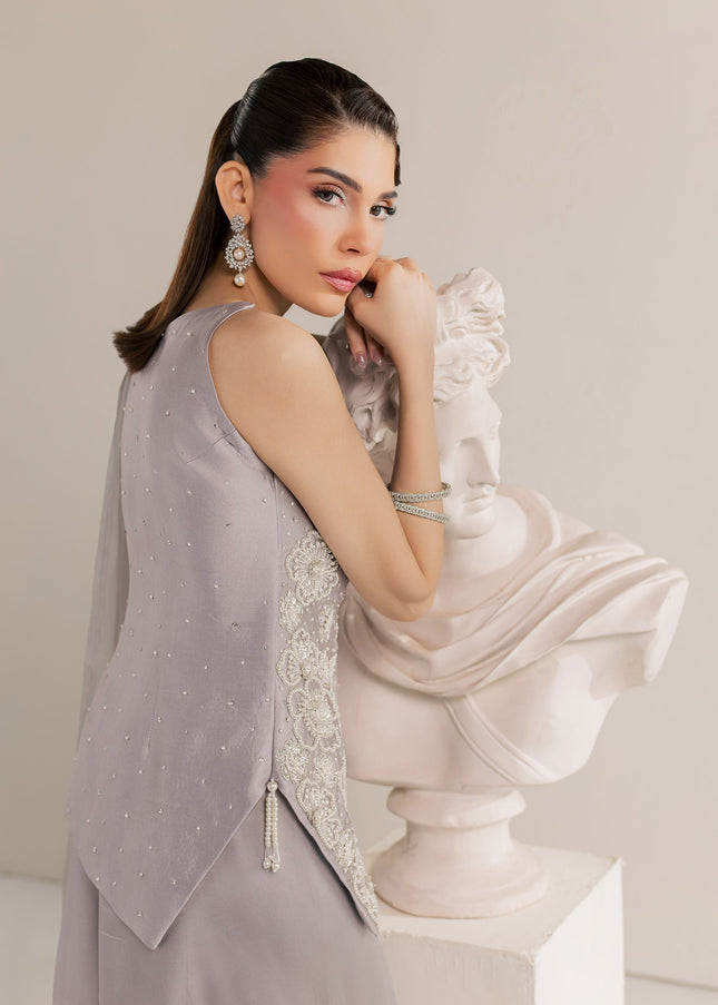 Close view of Eraya Serene Moonstone halter neckline with pearl, sequin and crystal embellishment