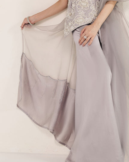Fabric detail of the Eraya Serene Moonstone grey lilac organza dupatta and silk pants